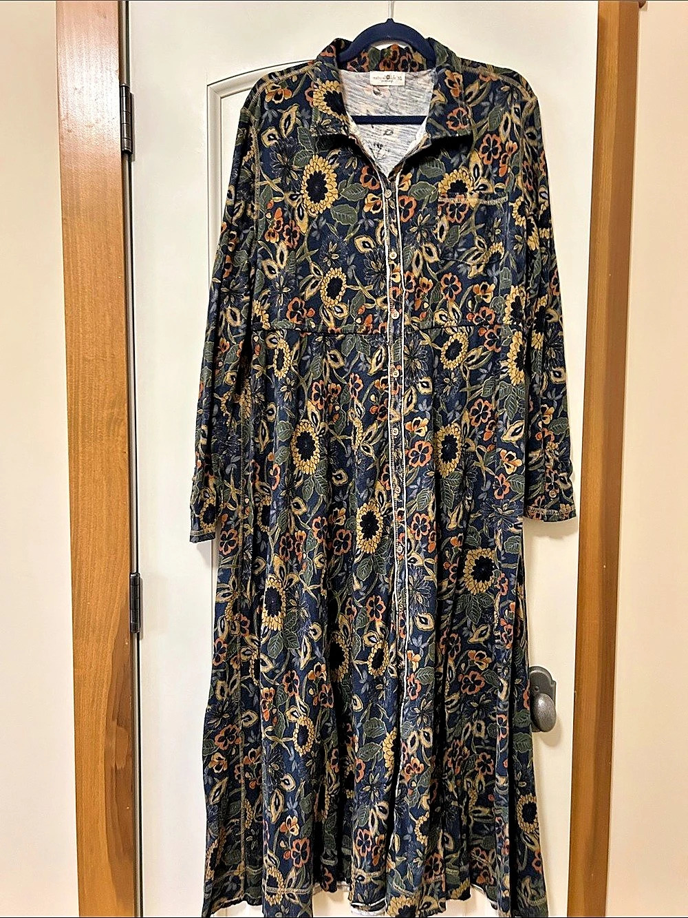 Natural Life Floral Button Front Maxi Dress in Dark Teal Blue & Orange Size XL